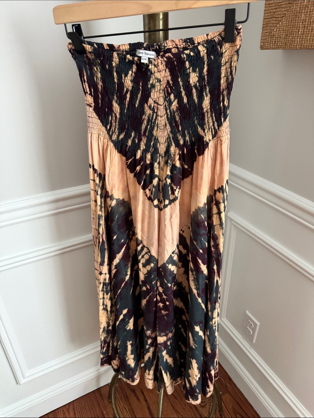 Tiare Hawaii Strapless Tie-Dye Maxi Dress in Peach, Black, Deep Purple